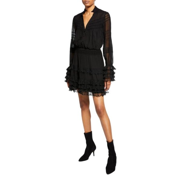 Alexis Shannon Smocked Ruffle Mini Dress Womens XS Black V-Neck Long Sleeve Silk
